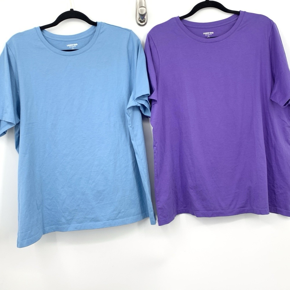Lands End Women Size 1X 16W 18W Shirt Lot Set Of 2 Purple Blue Cotton Top Basic